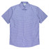 A short-sleeve button-up shirt in blue and white checkered pattern, featuring a single chest pocket and a collar.