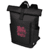 A black roll-top backpack with a pink printed design and side pockets. It features a logo on the front.