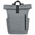 A grey roll-top backpack featuring side pockets and a front zipper pocket, with a logo on the side.