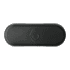 A black charging case for earbuds featuring a logo on the lid.