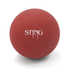A red high bounce ball with a logo on it, designed for fun and games.