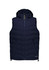 A navy unisex hooded puffer vest with a front zip and two side pockets. Features a logo on the upper.