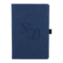 A navy blue recycled hard-bound journal with a textured cover and an embossed design. It features a closure strap and branding.