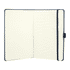 A navy blue hardbound journal with lined pages and a ribbon bookmark. It features a logo on the cover.