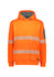 A bright orange unisex hoodie with segmented reflective tape and a front pocket. It features a logo on the sleeve.