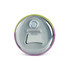 A drink bottle opener with a shiny metallic finish and colourful purple and green edges, featuring a circular design and a logo.