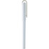 A white gel rollerball pen with a clip, featuring a smooth, sleek design. It has a logo on the body.