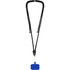 A black phone lanyard featuring a blue attachment with a clip at the end. It has a branding logo.