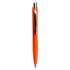 An orange click action ballpoint pen with a shiny silver clip and a smooth design.