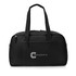 A black duffle bag featuring double handles and a logo, with multiple compartments for storage.