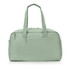 A green duffle bag with two handles and a zipper closure, featuring a logo on the front.