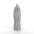 A drink bottle in silver, featuring a textured grip and a black spout, with a logo on its surface.