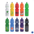 A drink bottle collection featuring various colours including white, orange, green, red, purple, and black, each with distinct designs and logos.