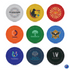 A collection of nine colourful frisbees featuring various designs and logos, including white, orange, green, blue, and black.