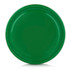 A green Frisbee with a smooth surface and slight rim detailing, featuring a logo in the centre.