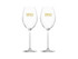 A set of two clear glass wine glasses featuring a logo in gold. Each glass has a tall stem and a wide bowl.