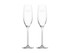 A pair of clear glass flute champagne glasses with slender stems and an etched logo.