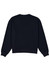 A navy women's crew sweatshirt with long sleeves and a ribbed hem. It features a simple design with no visible logos.