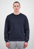 A navy blue men's crew sweatshirt displayed on a model, featuring a simple design and equipped with a logo.