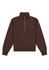 A brown 1/4 zip jumper featuring long sleeves and a high collar. It has a branding logo on it.