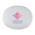 A white charging case designed for earbuds with a branding logo in pink and purple tones.