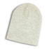 A light grey ribbed beanie with a slouchy design, featuring a branding logo.