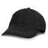 A black oilskin cap with a curved peak, featuring stitched detailing and ventilation holes.