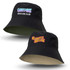 A reversible black bucket hat featuring two different logos on each side. One side has a colourful logo, and the other is in vibrant red.