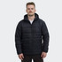 A black puffer jacket with a hood and zip, worn by a man standing against a neutral background.