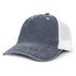 A faded blue trucker cap with a white mesh back and a curved brim. It features a logo on the front.