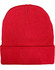 A red beanie with a ribbed texture and a rolled cuff, featuring a logo on the side.