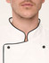 A unisex executive chef jacket in white with black piping and buttons, featuring a classic collar design.
