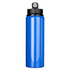 A drink bottle made of recycled stainless steel, featuring a bright blue exterior and a black lid with a spout.
