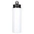 A drink bottle in white with a black lid, featuring a flip-top spout and a branding logo.