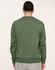 A unisex crew neck sweater in a rich green colour, viewed from the back. It features a logo on the fabric.