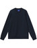 A unisex crew neck sweater in navy blue, featuring long sleeves and a plain design. It has a branding label.