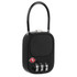 A black TSA-approved padlock featuring a combination dial and a flexible shackle, with a logo on the front.