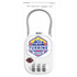 A white TSA-approved luggage lock with a silver shackle and a logo, featuring a four-digit combination dial.