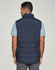 Men's sustainable insulated puffer vest in navy, featuring a high collar and a classic stitched design.