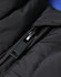 A black insulated puffer vest featuring a zippered opening and a smooth outer texture. It has a logo on the fabric.