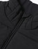 A black sustainable insulated puffer vest with a 3D cut and a zippered closure, featuring a logo.