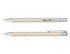 A cream-coloured pen with silver accents, featuring a sleek design and a clip for easy attachment.