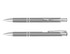 A silver-grey pen with chrome accents, featuring a sleek design and a clip for attachment.