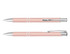 A pink pen with chrome accents, featuring a sleek design and a clip on one end. It has a smooth finish.