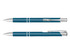 A blue and silver pen with a sleek design and a shiny finish, featuring a logo.