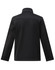 A black sustainable softshell corporate jacket features a high collar and long sleeves, with a logo on the back.