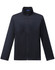 A men's sustainable softshell jacket in navy blue, featuring a zip-up front and a chest pocket. It has a logo.