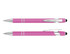 A pink stylus pen with chrome accents, featuring a smooth barrel and a clip. It has a branding logo.
