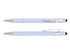 A stylus pen in light blue with silver accents and a touch tip. The pen features a sleek design and has branding.