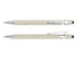 A stylus pen in a cream colour with chrome accents, featuring a smooth barrel design and a logo.